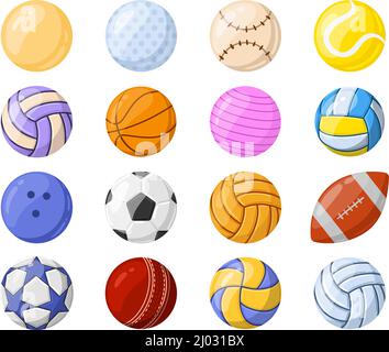 Cartoon-Sportball-, Fußball-, Basketball- und Volleyballspielausrüstung. Rugby, Hockey, Tennis Sport Ball Ausrüstung Vektor Illustration Set. Sportspiele Stock Vektor