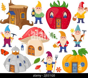 Garten Gnome Figuren und niedlichen Cartoon Märchenhäuser. Magische Welt Gnome Pilz-und Kürbis Häuser Vektor-Illustration-Set. Märchen Stock Vektor