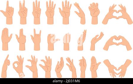 Cartoon-Handbewegung, Handposen, Daumen nach oben und Zählgesten. Menschliche Handgesten, Zählung und gekreuzte Finger Vektorgrafik Set. Hand Stock Vektor