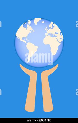 Zwei Hände, die die Erde halten. Speichern Sie das Weltkonzept. Klimawandel. Flache Vektorgrafik Stock Vektor