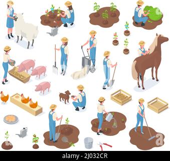 Isometrische Garten Landwirtschaft Elemente, Landwirte und Haustiere. Landwirtschaftliche Landarbeiter und Nutztiere Vektor-Illustration-Set. Bauernhof Stock Vektor