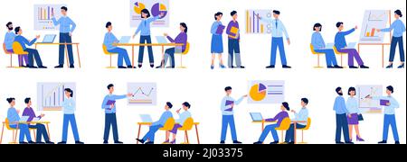 Geschäftstreffen oder Präsentation, Business Coach und Büroteam. Office Team Business Training oder Konferenz Vektor Illustration Set. Teamarbeit Stock Vektor