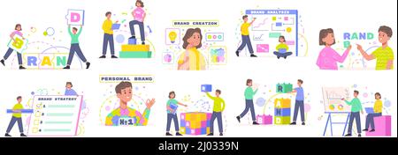 Corporate Identity, Markenbildung und -Aufbau, Geschäftsentwicklung. Illustration für Unternehmenspräsentation und persönliche Markendarstellung. Unternehmen Stock Vektor