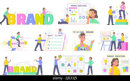 Markenbildung, Corporate Identity, persönliche Markenentwicklung. Corporate Identity, Markenbildung und Entwicklung Vektor-Illustration Set. Unternehmen Stock Vektor