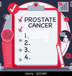 Schild mit der Anzeige von Prostatakrebs. Konzeptionelles Foto Krebs, der in der Drüse des männlichen Fortpflanzungssystems auftritt Zwischenablage Zeichnung mit Checkliste markiert Stockfoto