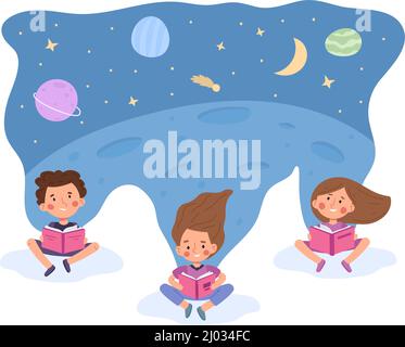 Fantasie Buchwelt, Kinder Fantasie Konzept. Kinder stellen sich magische Märchen Vektor Illustration. Junge und Mädchen stellen sich magisches Leben Lesung Geschichte Stock Vektor