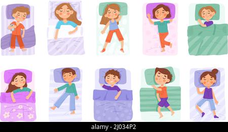 Kinder im Bett, schlafende Kinder, Zeichentrickfilme zum Schlafengehen. Kindergarten Kinder mit Nacht Traum Vektor Illustration Set. Baby-Zeichen ruhen Stock Vektor