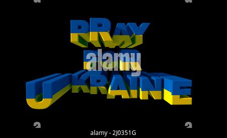 Die Inschrift beten für die Ukraine in den Farben der Nationalflagge auf schwarzem Hintergrund. Kein Krieg 3D rendern Stockfoto