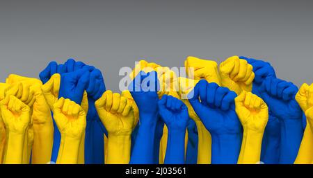 Hände mit geschlossenen Fäusten angehoben. Mehrere mit geschlossener Faust hochgezogene Hände symbolisieren „Kampf zurück“ und „Verteidigung der Freiheit“ in den Farben der ukrainischen Kriegsflagge Stockfoto