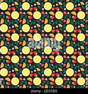Nahtloses, helles Frühlings- und Sommermuster mit Orange, Zitrone und Erdbeere mit Blättern auf dunklem Hintergrund. Druck von Zitrusfrüchten und Beeren. Vektor flache Illustration von gesunden Lebensmitteln Stock Vektor