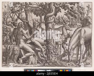Versuchung im Garten. Jean Mignon (Frankreich, aktiv in Fontainebleau, 1535-1555). Frankreich, 1545-1555. Drucke; Radierungen. Ätzen Stockfoto