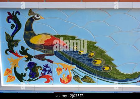 Schönes helles Pfauenmuster aus farbigem Porzellan und Fayence-Platten, Porzellanmosaik. Buntes Keramikmosaik an der Wand des Gebäudes. Stockfoto
