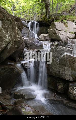 Kleiner Wasserfall zwischen Felsen im Wald, Emilia Romagna, Italien, Europa Stockfoto