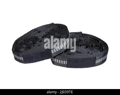 Zwei Hängemattenbaumriemen auf Weiß. Stockfoto