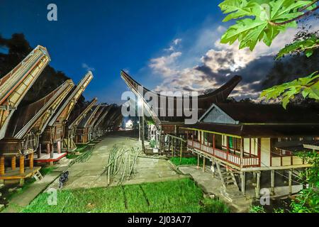 Saddleback Roof Tongkonans (Familien-Reiseställen und Häuser) in der Nähe der Nord-Toraja-Hauptstadt, Rantepao, Toraja, Süd-Sulawesi, Indonesien Stockfoto