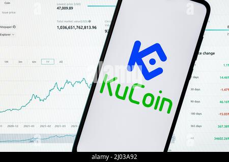 Ein Smartphone mit dem KuCoin-Logo auf dem Hintergrund der Live-Trading-Webseite. KuCoin-Armaturenbrett. Stockfoto