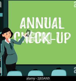 Textschild mit jährlicher Überprüfung. Geschäftsidee jährliche Bewertung und Untersuchung der Person s ist Gesundheitszustand Frau mit Fernbedienung Stockfoto