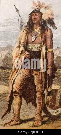 Amerikanische Ureinwohner. - Eine Darstellung eines nordamerikanischen Iroquoi-Kriegers aus den 1890er Jahren (entweder Mitglied eines der Cayuga, Cherokee, Huron, Mohawk, Oneida, Onondaga, Seneca und Tuscarora Stämme, die die gleiche Sprache sprechen. Stockfoto