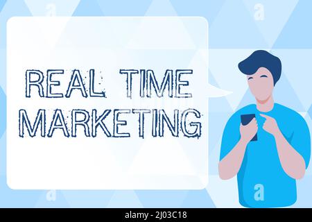 Textunterschrift mit Echtzeit-Marketing. Geschäftsansatz Erstellung einer Strategie mit Fokus auf aktuelle relevante Trends man Illustration Using Mobile Stockfoto