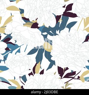 Vektor florales Nahtloses Muster mit Pfingstrosen. Weiße Pfingstrosen, blaue und beige Blätter. Stock Vektor