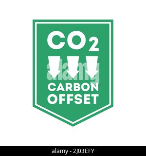 CO2-Offset-Etikett oder -Schild. Reduzierung der Treibhausgase. CO2 Versatzwarnung. Kohlendioxid mit Pfeil nach unten auf grünem Hintergrund. Schluss mit der Umweltverschmutzung. Stock Vektor