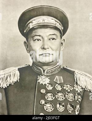 Marschall Khorloogiin Choibalsan. Er war vom 1930s bis zu seinem Tod im Jahr 1952 Anführer der Mongolei (mongolische Volksrepublik) und Marschall (Generalkommandeur) der mongolischen Volksarmee. Stockfoto