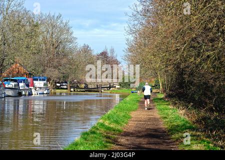 Ein einzelner Läufer trainiert an einem sonnigen Frühlingstag auf dem Abschleppweg des River Wey Navigation Kanals in New Haw Surrey England Stockfoto