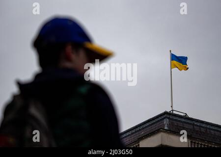 Ein Junge mit Baseballmütze in ukrainischen Farben, gesehen mit der ukrainischen Flagge, die während proukrainischer Proteste über der Downing Street flog, März 2022 Stockfoto