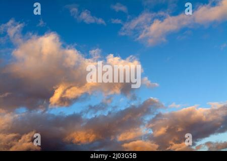 Farbenfrohe, weiche, wispy-orange Wolken vor einem blauen Winterhimmel Stockfoto