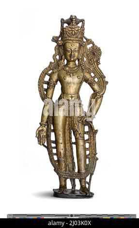 Der Bodhisattva Avalokiteshvara. Westtibet, 11.. Jahrhundert. Skulptur. Messing mit Silber- und Kupfereinlegeplatte; Farbspuren Stockfoto