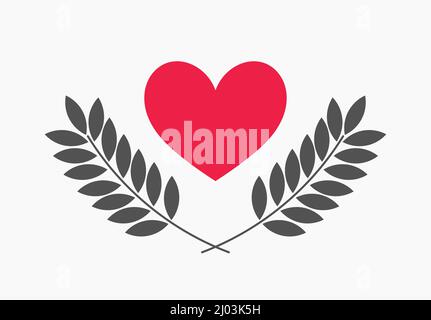 Symbole für rotes Herz und Pflanzenzweige. Vektorgrafik. Stock Vektor