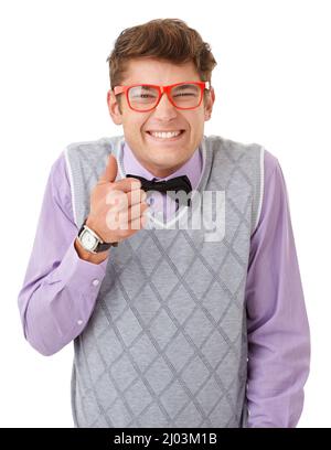 Hier ein begeisterter Daumen nach oben. Studioportrait eines nerdy jungen Mannes, der die Daumen hoch zur Kamera gibt. Stockfoto