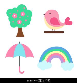 Satz Federelemente. Baum mit Frühlingsblumen, rosa Vogel, Regenschirm und Regenbogen mit Wolken. Aufdruck für Sticker Pack, Kleidung, Textil, saisonal Stock Vektor