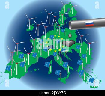 Vektor-Illustration zur neuen Energiestrategie in Europa. Europas grünes Abkommen verändert die Wirtschaft und beseitigt die Abhängigkeit von russischen fossilen Brennstoffen. Stock Vektor