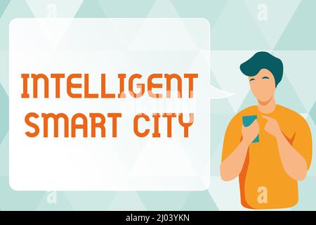 Handschrift Text Intelligent Smart City. Konzeptfoto die Stadt mit intelligenterer Energieinfrastruktur man Illustration mit Mobile und Stockfoto