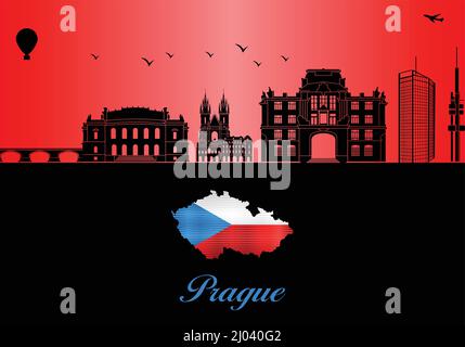 Skyline von Prag Silhouette - Illustration, Stadt im roten Hintergrund, Karte der Tschechischen Stock Vektor