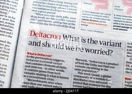 'Deltacron Was ist die Variante und sollten wir uns Sorgen machen?' Guardian Zeitung headline covid 19 Artikel News Clipping 12. März 2022 London England Großbritannien Stockfoto