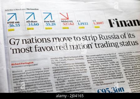 „G7 Nationen ziehen sich dazu vor, Russland seinen Handelsstatus als „bevorzugte Nation“ zu nehmen“, titelte Artikel des Financial Guardian, Clipping 2022 London UK Stockfoto