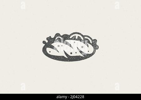 Fastfood-Sandwich-Silhouette mit von Hand gezeichneter Vektorgrafik mit Käse-Stempeleffekt. Vintage Grunge Texture Symbol für Verpackungen und Fast Food Resta Stock Vektor