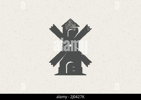 Schwarze Silhouette einer alten Windmühle auf dem Land für die Getreidewirtschaft entworfen handgezeichnete Stempel-Effekt-Vektor-Illustration. Grunge Textur ol Stock Vektor