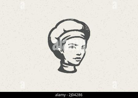 Schwarze Silhouette des Kopfes der Frau in traditionellen Chef Cap Arbeit in der Küche handgezeichnete Stempel-Effekt Vektor-Illustration. Vintage Grunge-Textur für die Packung Stock Vektor