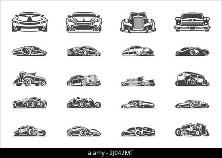 Vintage Oldtimer Silhouetten und Symbole isoliert auf weißem Hintergrund Vektor-Illustrationen gesetzt. Super Autos, Muskeln und Hot Rod Autos, Motor Reparaturen ob Stock Vektor