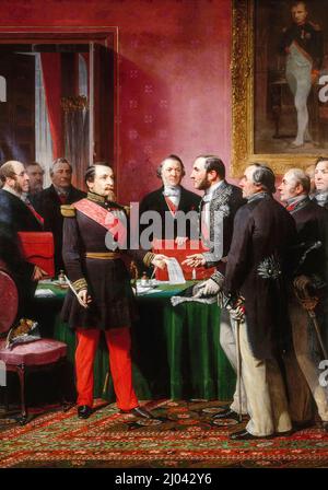 Kaiser Napoleon III. Übergab am 16. 1859. Februar das Dekret zur Annexion der Nachbargemeinden (von Paris) an Baron Haussmann, Öl auf Leinwand, Gemälde von Adolphe Yvon, 1865 Stockfoto