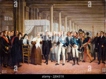 Guillaume Dupuytren (1777-1835), französischer Chirurg am Hôtel-Dieu, der Charles X. (1757-1836), König von Frankreich, nach einer Augenoperation mit einem Patienten überreicht, Öl auf Leinwand, Gemälde eines unbekannten Künstlers, um 1825 Stockfoto
