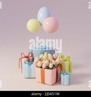 Geschenkboxen, Blumenstrauß aus Tulpen und bunten Ballons auf rosa Hintergrund. Universelle Grußkarte. 3D Rendern Stockfoto