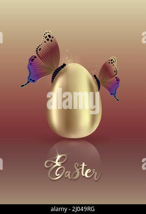 Realistisches goldenes Ei mit luxuriösen bunten Schmetterlingen, Ostern Konzept Vektor-Illustration isoliert auf bunten Farbverlauf Hintergrund Stock Vektor
