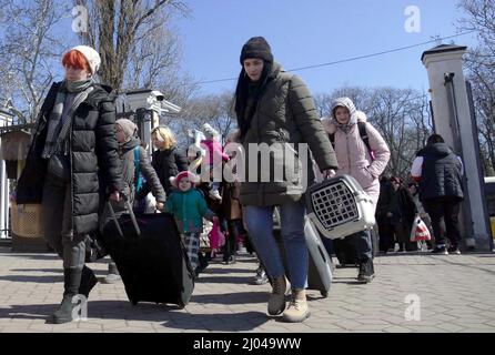 Non Exclusive: ODESA, UKRAINE - 16. MÄRZ 2022 - die Bewohner der Frontlinie Mykolayiv kommen mit Evakuierungsbussen nach Odesa, Südukraine Stockfoto