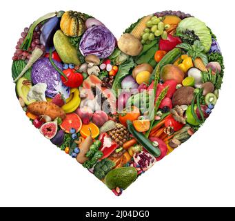 Obst und Gemüse Liebe und Herzgesundheit Symbol für Veganer und Veganer oder für gesundes Essen als Gruppe von frischen reifen Früchten und Nüssen mit Bohnen. Stockfoto