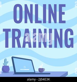 Handschriftschild Online-Schulung. Wort geschrieben auf Nehmen Sie das Bildungsprogramm von der elektronischen Mittel Büro Schreibtisch Zeichnung mit Laptop-Stifthalter und Stockfoto