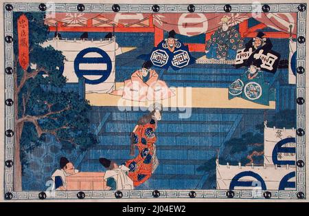 Akt I: Lady Kaoyo begibt sich auf die Stufen am Hachiman-Schrein zur Identifizierung des Helms ihres toten Meisters. Utagawa Hiroshige (Japan, Edo, 1797-1858). Japan, ca. 1835-1839. Drucke; Holzschnitte. Farbholzschnitt Stockfoto